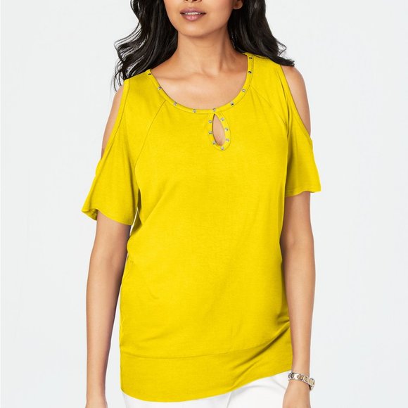 JM Collection Women's Lemon Frost Studded Cold-Shoulder Top, size XS - Picture 1 of 1
